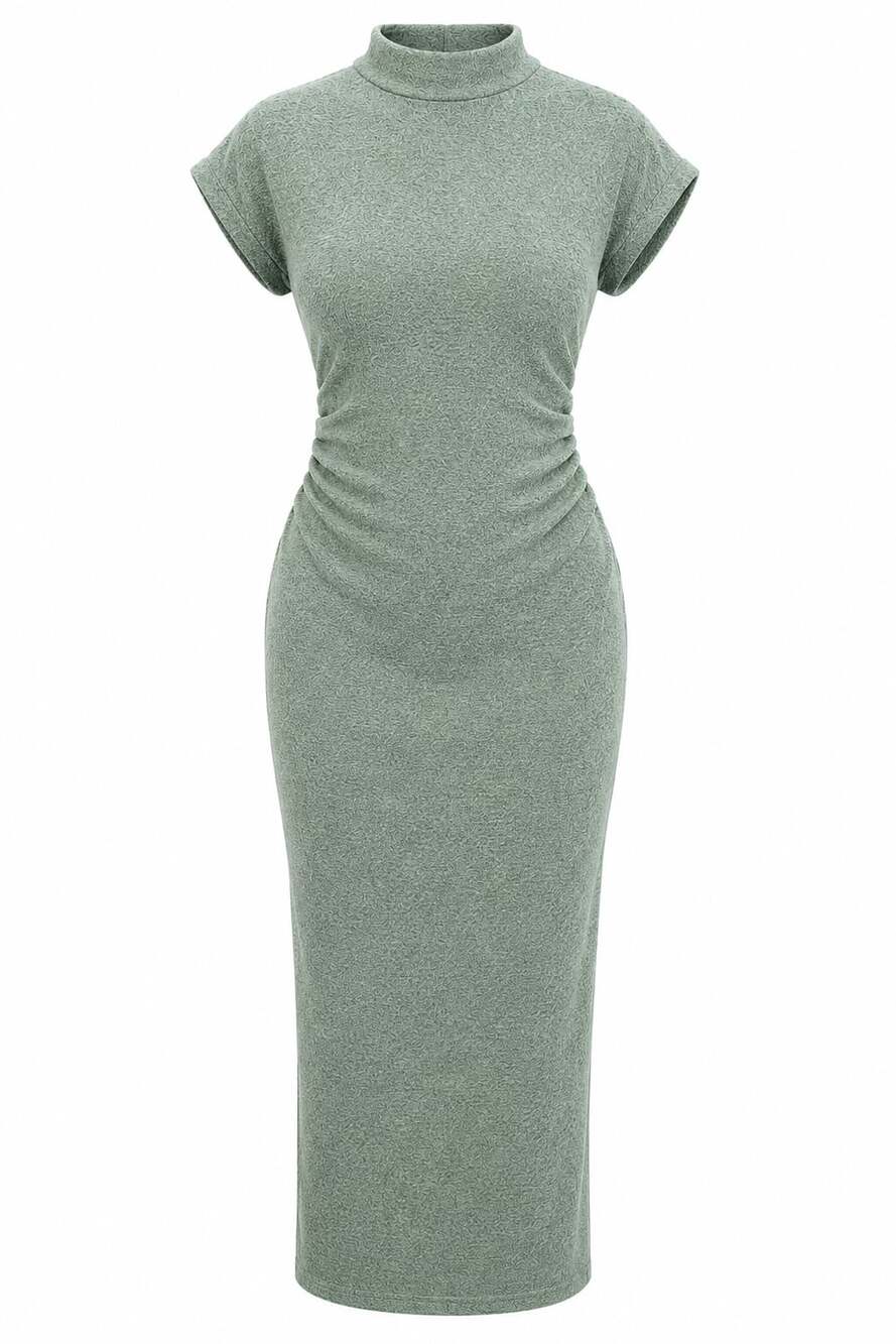 Eloquii Green Knit Mock Neck Cap Sleeve Ruched Midi Dress